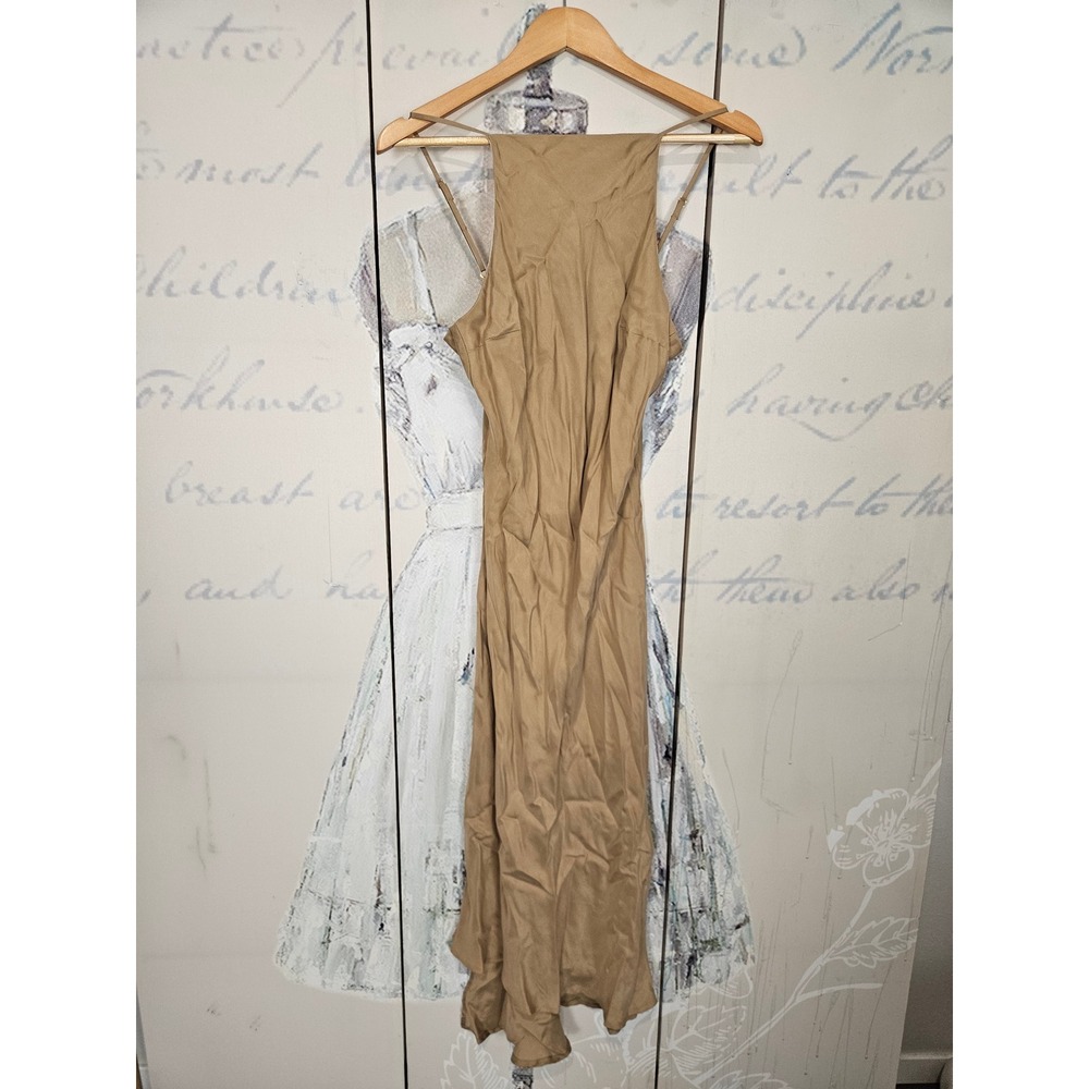 R.G. Kane Maxi Dress Small Tan Satin Cupro Slip Square Neck Bias Cut
